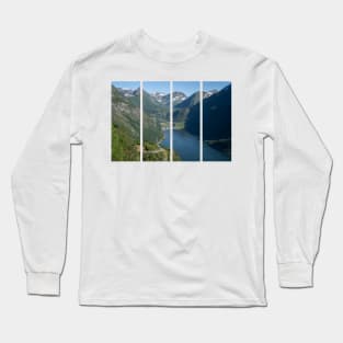 Wonderful landscapes in Norway. Vestland. Beautiful scenery of Geiranger Fjord from the Ornesvingen viewpoint. Cruise ship, winding roads, waterfall and stream Long Sleeve T-Shirt